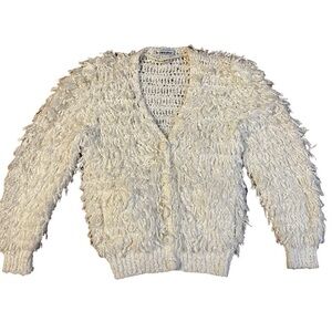 1960s Vintage Le Sweater White Shag Cardigan Size Small